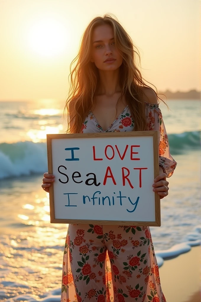 Beautiful girl with wavy long hair, bohemian dress, holding a white board with text "I Love Seaart Infinity" and showing it to the viewer