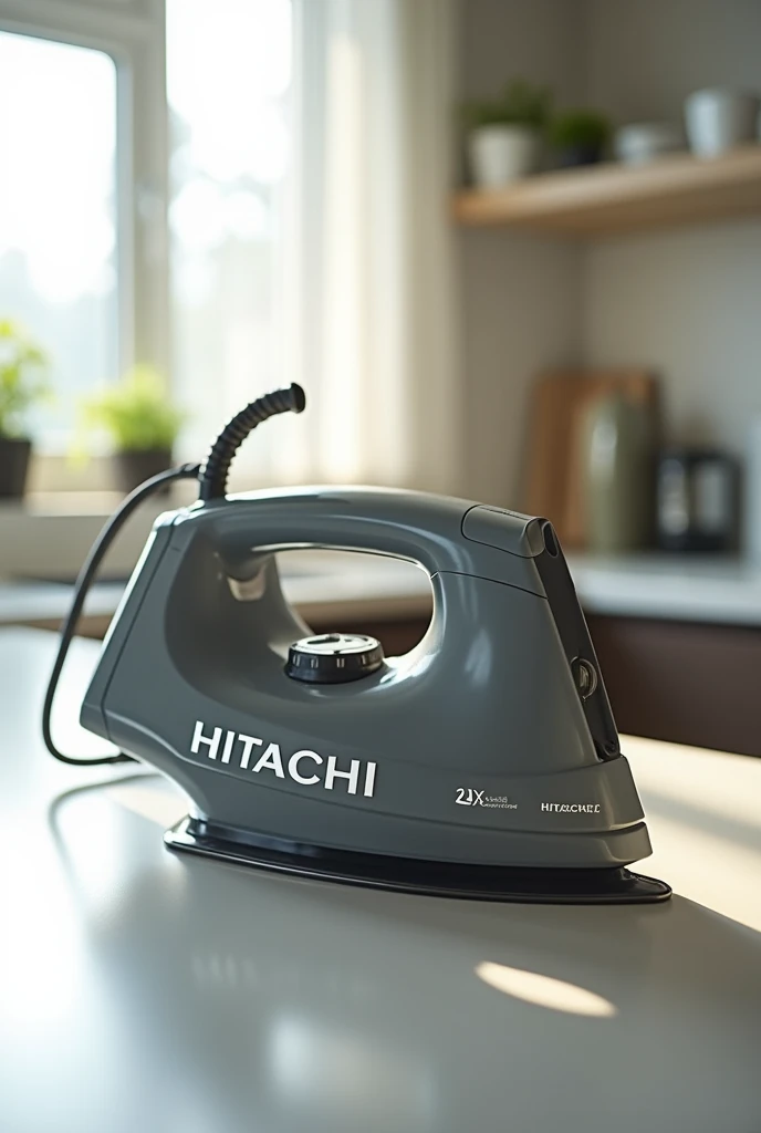 Modern iron in mirror grey with a writing that says HITACHI