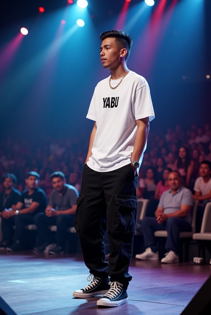 **Image Description**:
A 17-year-old rapper is performing on stage during an audition, with his look clearly visible on camera. He is wearing black cargo jeans, Ogiy shoes, and a white hip-hop T-shirt with "YABU" written on it. The T-shirt is long, adding to the rapper's streetwear style. His haircut is a 0 on the sides with a slight slope. He holds a microphone in his hand and is deeply engaged in his performance. Three judges, seated at a table in front of the stage, watch him intently. The audience is visible in the background, observing from the side. The stage is brightly lit, emphasizing the rapper's dynamic and energetic presence.