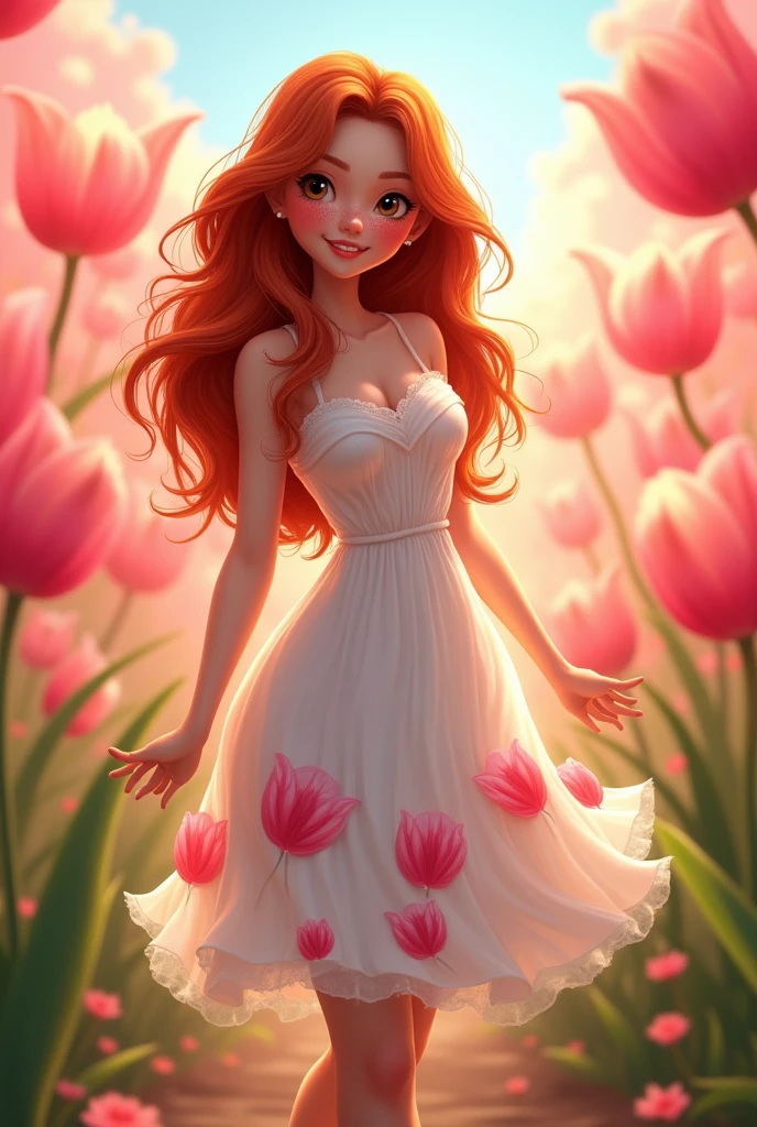 A curvy woman with big hips and small breasts, she is beautiful at 19 years old, with her long red hair and cheeks full of freckles and red.. Dressed in a white dress with pink tulip design.
animation
