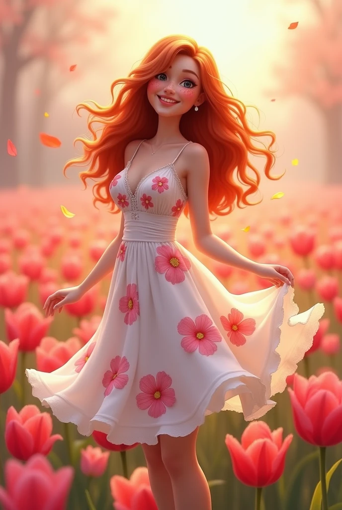 A curvy woman with big hips and small breasts, she is beautiful at 19 years old, with her long red hair and cheeks full of freckles and red.. Dressed in a white dress with pink tulip design.

animation 