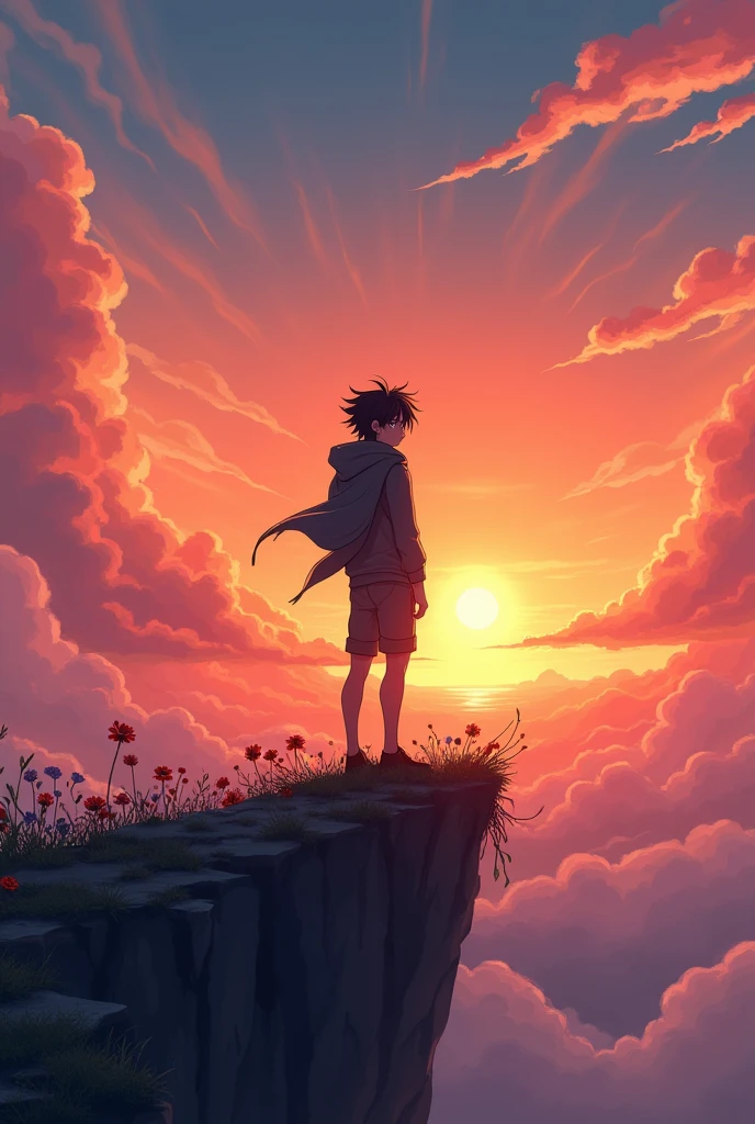 A anime boy looking back at sun rise with powerful standing
