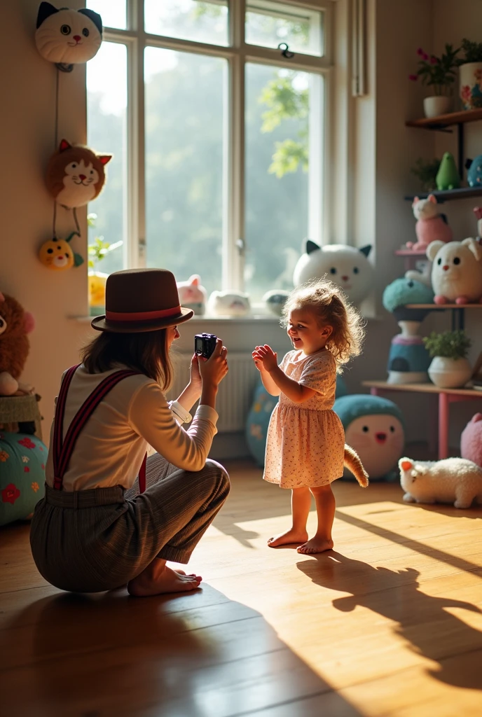 Cat photographer clicking photo of girl in studio
