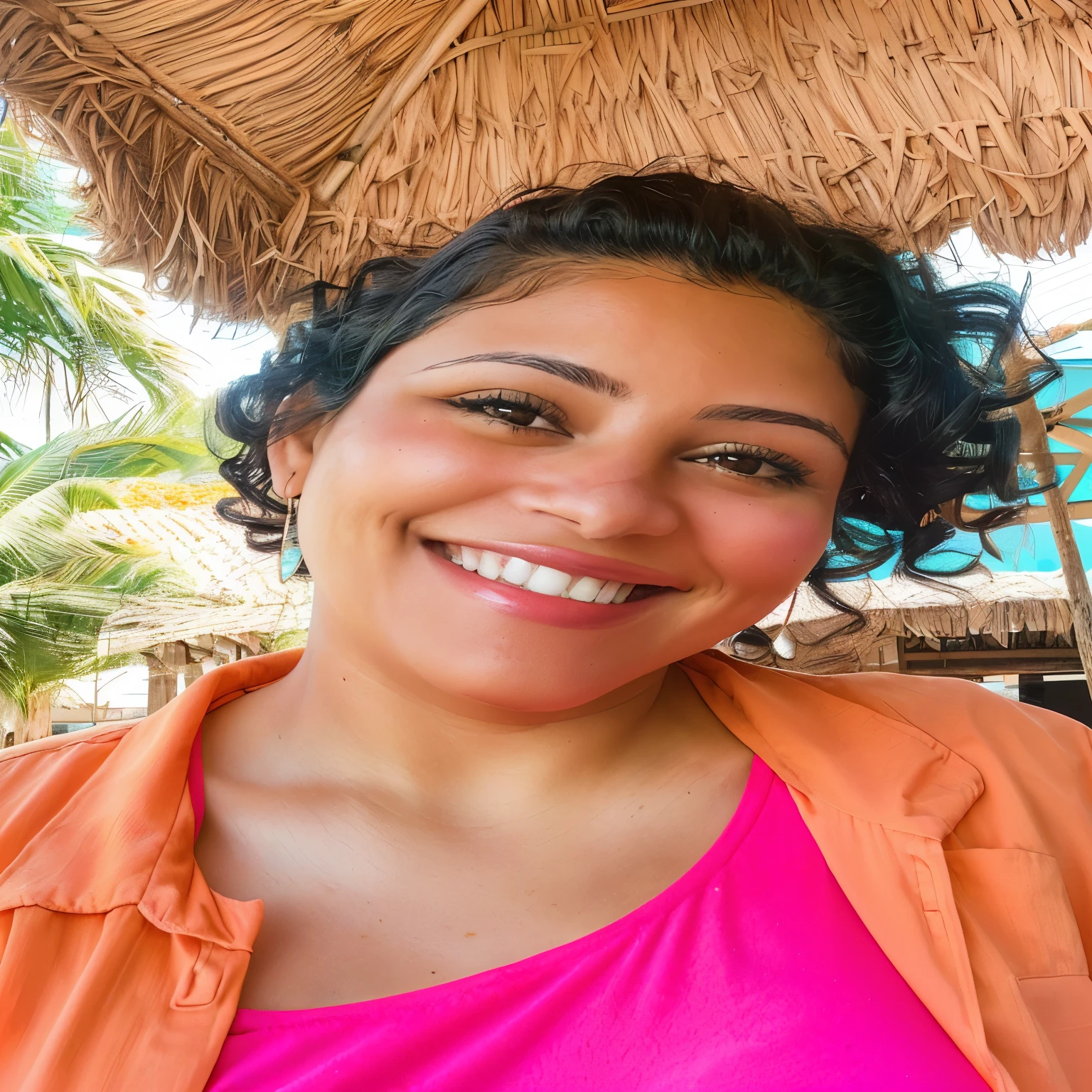 smiling woman in pink shirt and orange shirt with straw umbrella, 30-year-old woman from cuba, alanis guillen, selfie of a young woman, justina blakeney, happily smiling at the camera, smiling and looking directly, smiling young woman, dark short curly hair smiling, karla ortiz, 3 0 years old woman, 30 years old woman