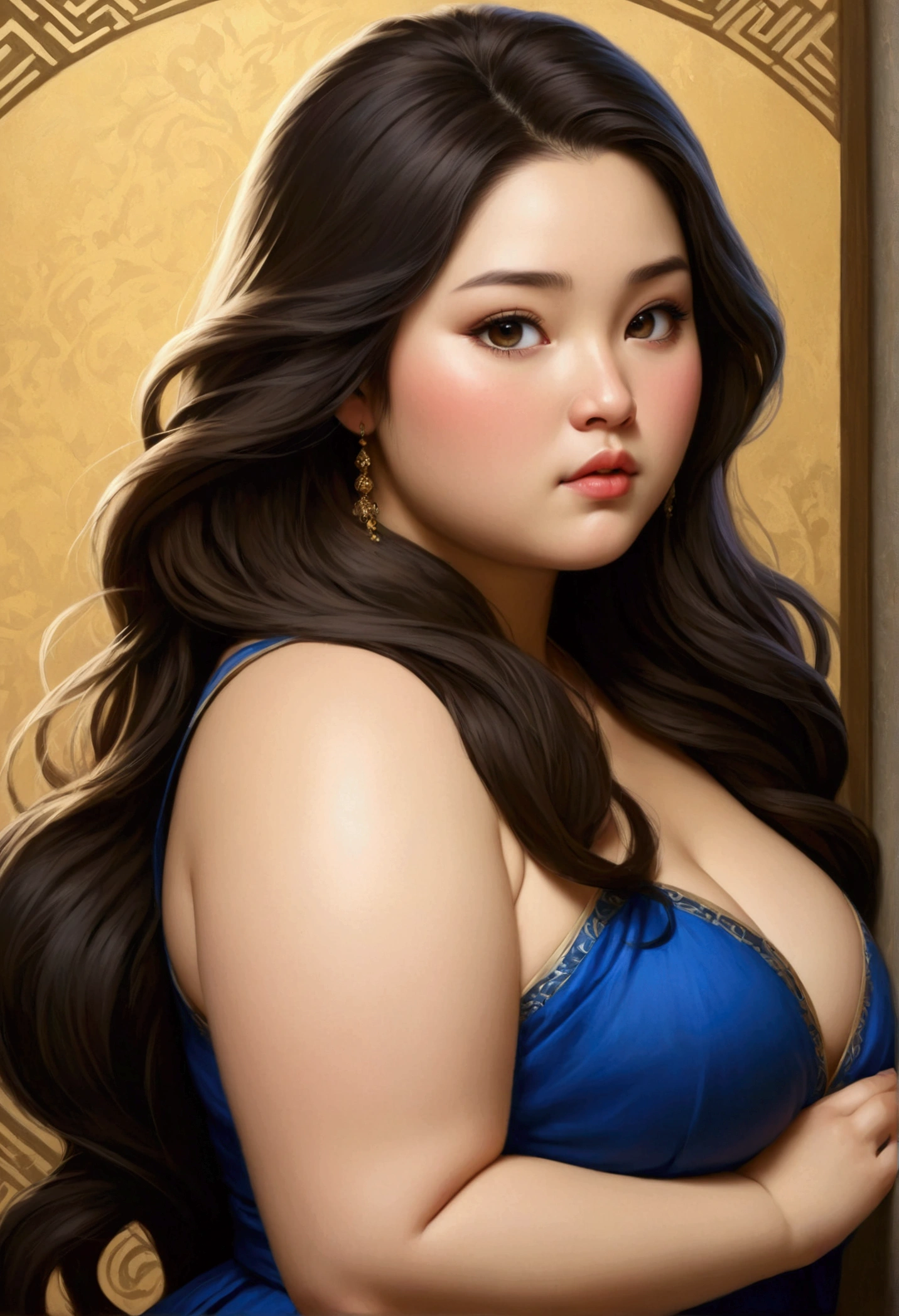 Masterpiece artwork, best quality, Long hair woman, chubby, Caucasian skin, Asian eyes