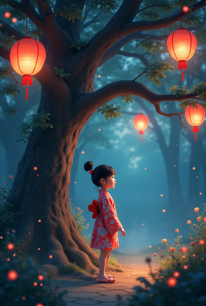 "A young girl in a short kimono stands under a large tree in a forest at night. Many lanterns cast light around her, creating a magical and mysterious atmosphere. The style is 3D."