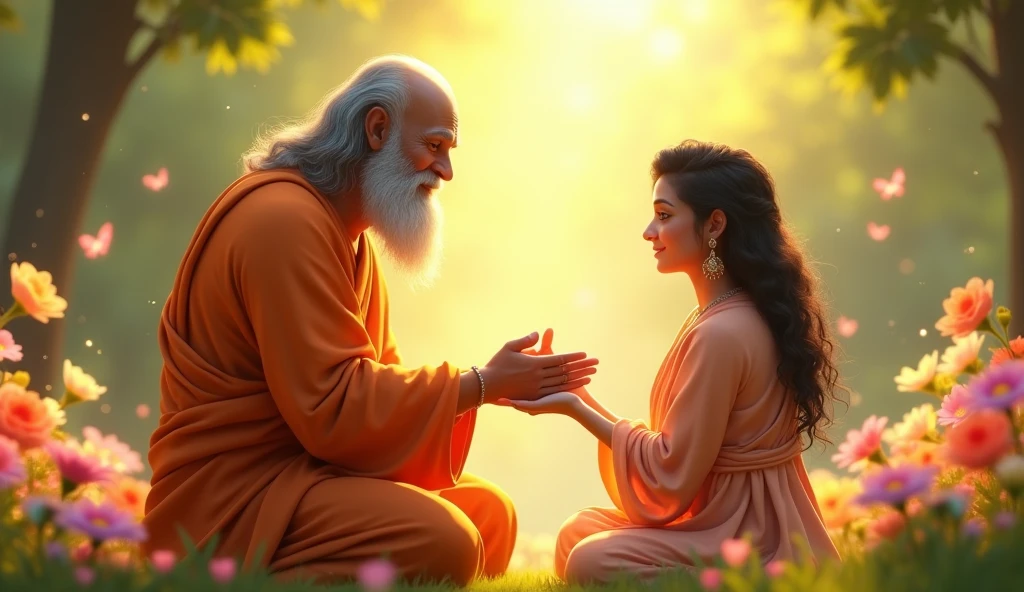 In 3D animation style:The Mahātmā blessing Ramū, with a calm, reassuring expression, as Ramū kneels before him.