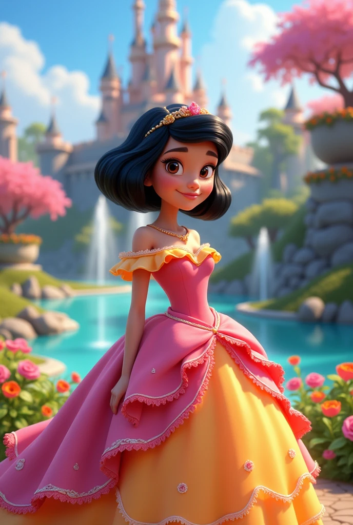black hair, princess, frills, standing, short hair, disney pixar cartoon type b