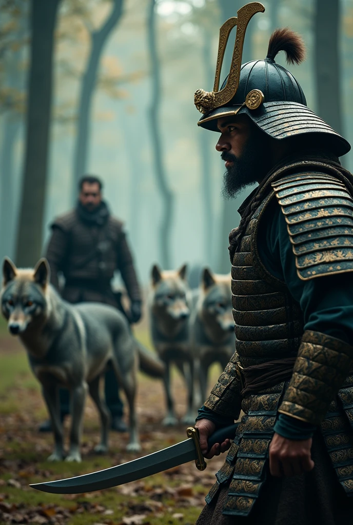 A man with Knife try to kill the wolfs and surrounded by many wolfs and suddenly he got help from samurai to defeat the wolfs