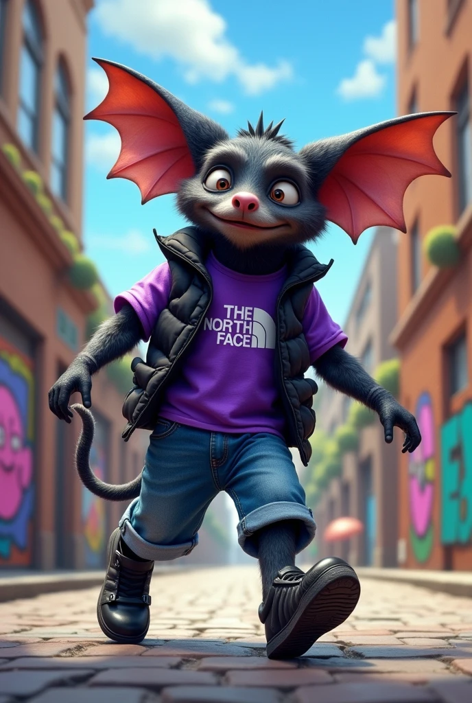 Bat with a purple shirt ,the north face black vest,a pair of wide jean Bermuda shorts and black Adidas superstar shoes 