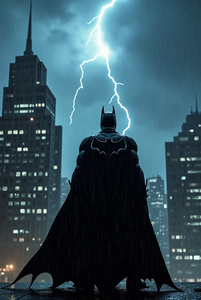 Batman looking straight at the bat signal displayed in the sky
