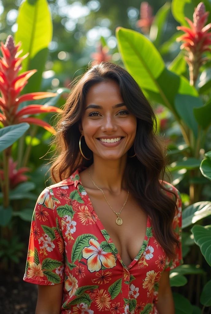 A Brazilian woman in a lush tropical garden, wearing an open shirt with a floral print, with a close-up capturing the harmonious beauty between her breasts and the natural flowers, showing off your natural charm and outgoing personality, with cleavage on her chest.