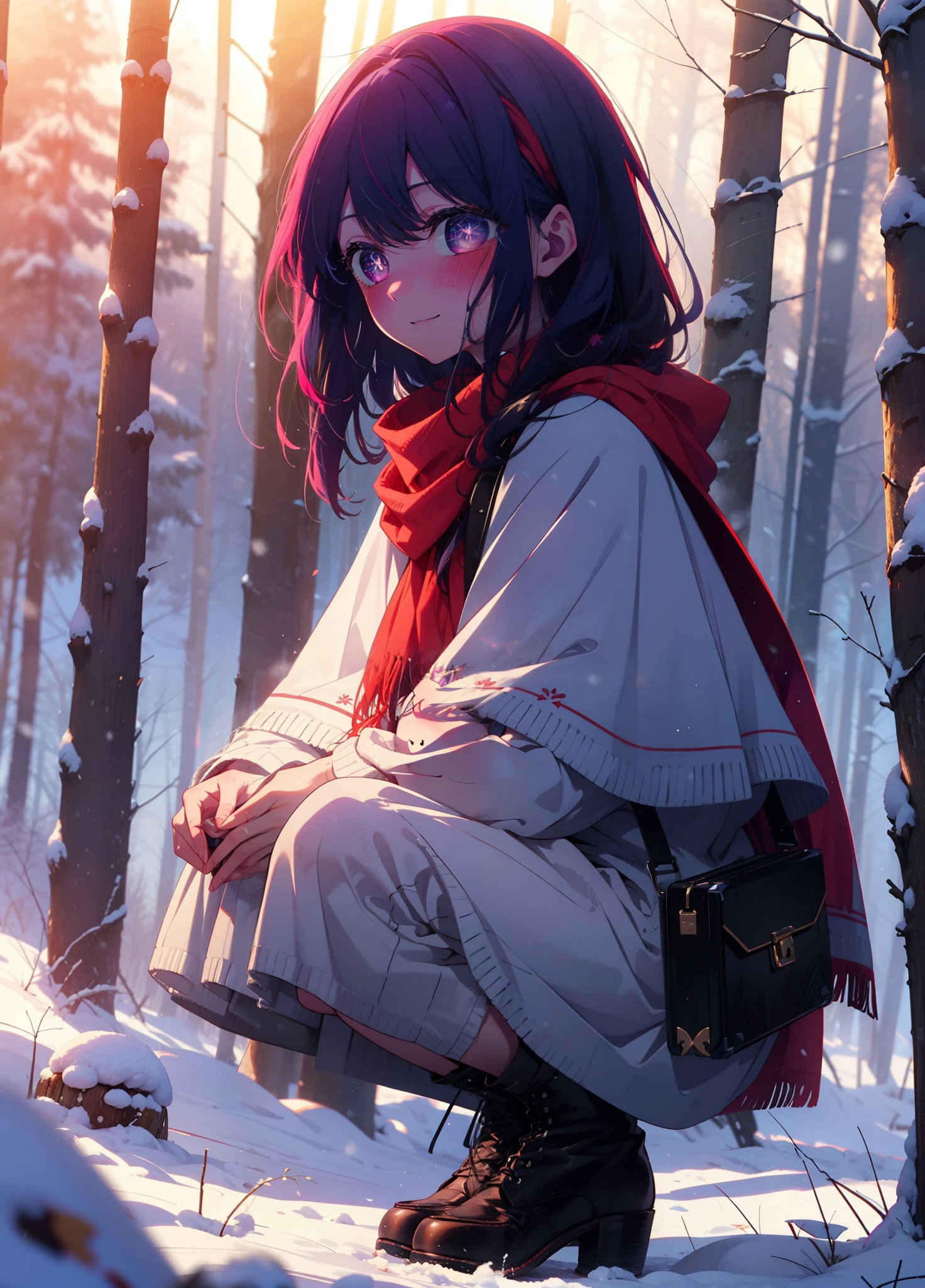 aihoshino, Ai Hoshino, Long Hair, bangs, (Purple eyes:1.1), Purple Hair, (Symbol-shaped pupil:1.5), smile,,smile,blush,white breath,
Open your mouth,snow,Ground bonfire, Outdoor, boots, snowing, From the side, wood, suitcase, Cape, Blurred, , forest, White handbag, nature, Squat, Mouth closed, Cape, winter, Written boundary depth, Black shoes, red Cape break looking at viewer, Upper Body, whole body, break Outdoor, forest, nature, break (masterpiece:1.2), Highest quality, High resolution, unity 8k wallpaper, (shape:0.8), (Beautiful and beautiful eyes:1.6), Highly detailed face, Perfect lighting, Extremely detailed CG, (Perfect hands, Perfect Anatomy),
