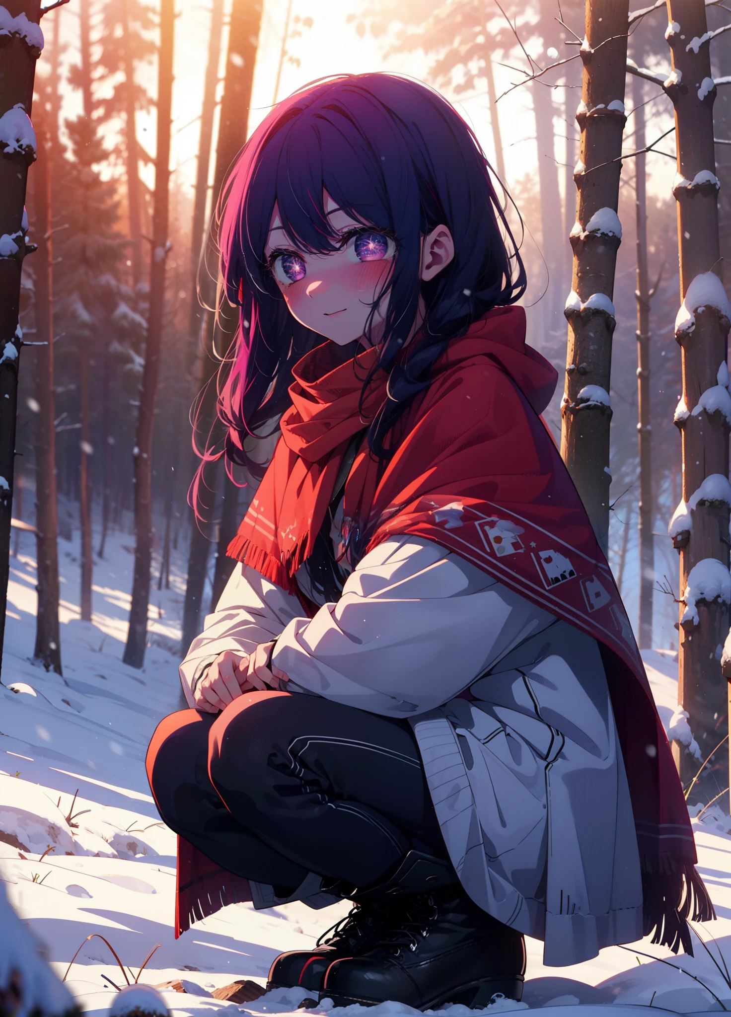 aihoshino, Ai Hoshino, Long Hair, bangs, (Purple eyes:1.1), Purple Hair, (Symbol-shaped pupil:1.5), smile,,smile,blush,white breath,
Open your mouth,snow,Ground bonfire, Outdoor, boots, snowing, From the side, wood, suitcase, Cape, Blurred, , forest, White handbag, nature, Squat, Mouth closed, Cape, winter, Written boundary depth, Black shoes, red Cape break looking at viewer, Upper Body, whole body, break Outdoor, forest, nature, break (masterpiece:1.2), Highest quality, High resolution, unity 8k wallpaper, (shape:0.8), (Beautiful and beautiful eyes:1.6), Highly detailed face, Perfect lighting, Extremely detailed CG, (Perfect hands, Perfect Anatomy),