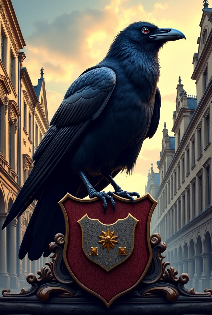I want images of a crow in front of buildings for a logo on a shield