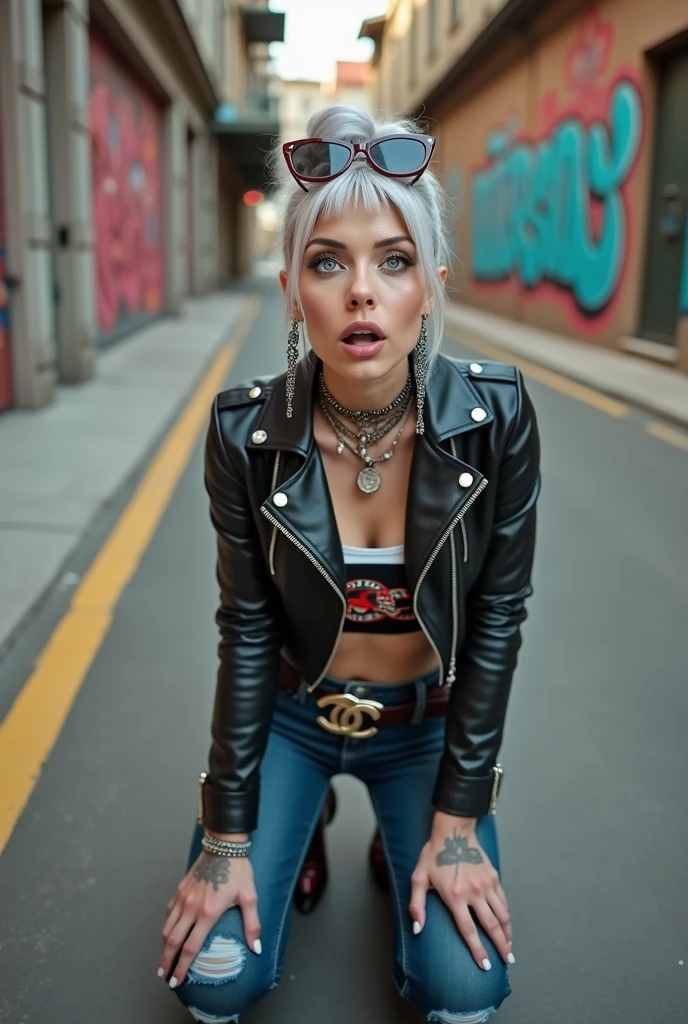 russian old milf woman, grey hair (top bun, shaved sides and fringe) and sunglasses as headband (big maxi sunglasses), with very light blue eyes, extremely pale. Wearing cropped black moto jacket with lots of zippers and badges on jacket flaps, cropped t-shirt with big motorcycle club logo, dark blue jeans with holes and pointy Chelsea boots with cuban heels . Silicone breasts. Lots of metallic bracelets, long pendants and lots of collars. Tacky leather belt with oversized chanel buckle. Long earrings. Kneeling, looking at the camera, tilted head, eyes and mouth wide open in amazement. Hands on her knees, toned abdominals, thin legs and thin arms. Tattoed