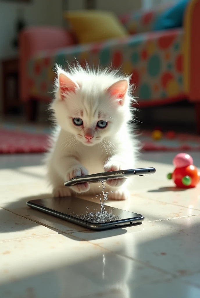  The camera zooms in on the white kitten's tiny paws as they fumble with the phone. Suddenly, the phone slips out of its grasp and plummets toward the tiled floor. In slow motion, the phone spins mid-air, reflecting the kitten’s wide, startled eyes in its shiny screen. The scene ends with a dramatic crash as the phone hits the floor, the screen cracking on impact.