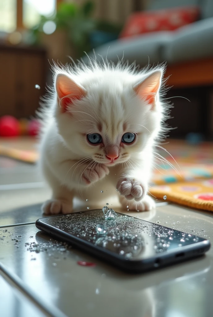 The camera zooms in on the white kitten's tiny paws as they fumble with the phone. Suddenly, the phone slips out of its grasp and plummets toward the tiled floor. In slow motion, the phone spins mid-air, reflecting the kitten’s wide, startled eyes in its shiny screen. The scene ends with a dramatic crash as the phone hits the floor, the screen cracking on impact.