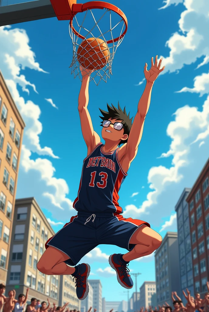 Draw an anime guy wearing glasses, shirt number 13, brown eyes, dunking basketball.