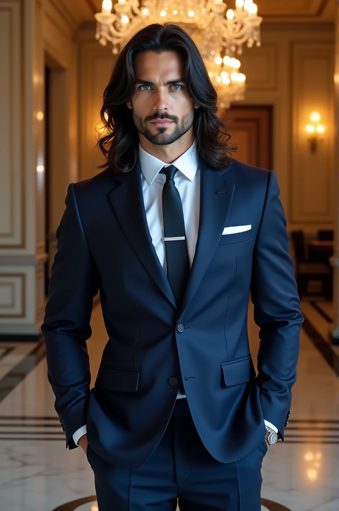 Man with long black hair. blue-eyed and formal suit