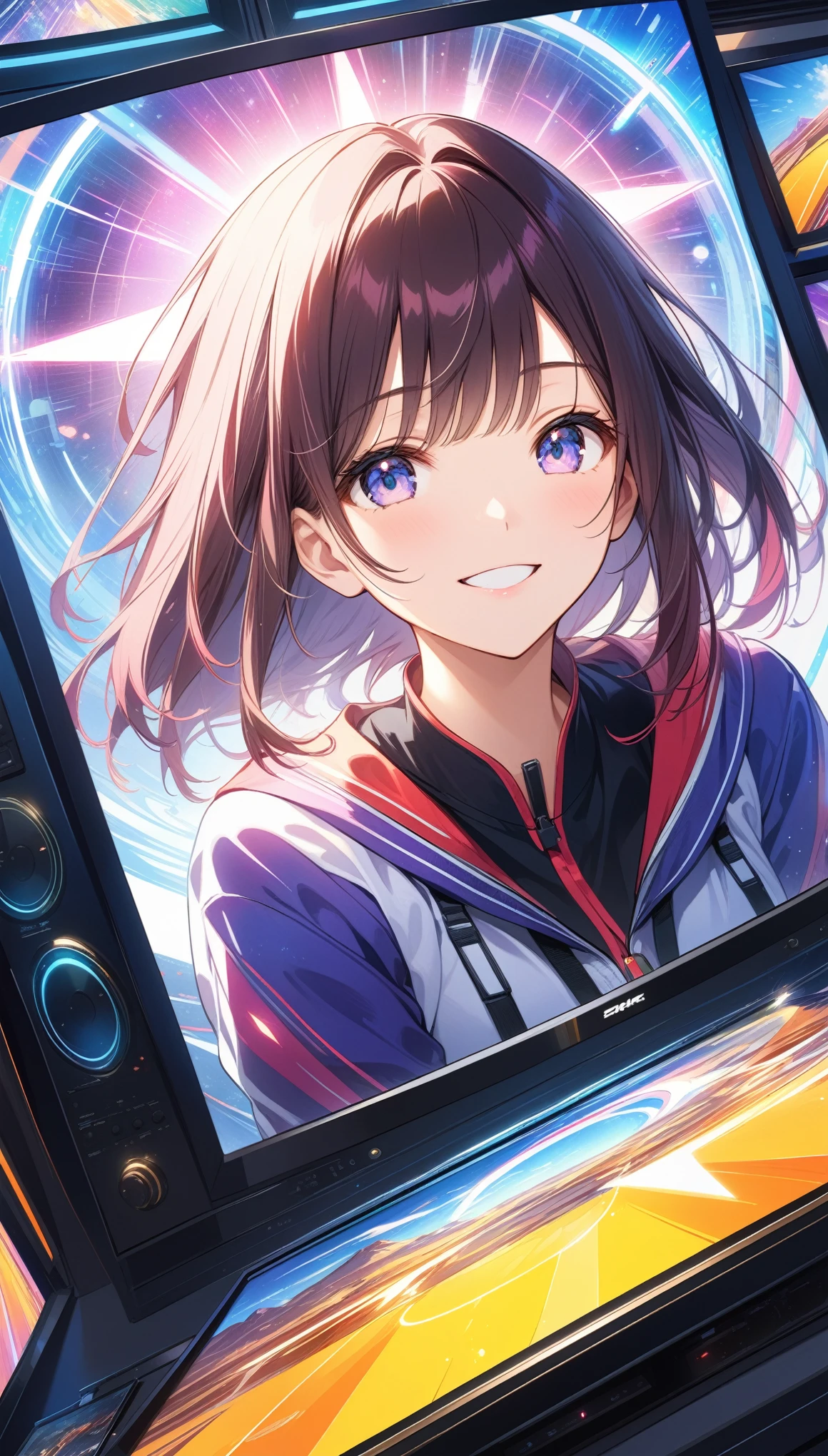 anime style, super fine illustration, highly detailed, dynamic angle, beautiful detailed, 8k, In front of numerous cathode-ray tube televisions, BREAK various programs are being broadcasted. A woman gazes at them, BREAK smiling amidst the colorful scenes.(highest quality、masterpiece、High resolution、detailed)animeスタイル、flat style、(Shining Eyes、detailed美しい顔), BREAK,Dynamic Angles、anime, cute girl, 18 years old, ((perfect anatomy)), ((cowboy shot)), ((32k)), ((best quality)), ((ultra high res)), ((HDR)), ((UHD)), ((extremely detailed CG)), ((unity 32k wallpaper)), (((anime colored))),