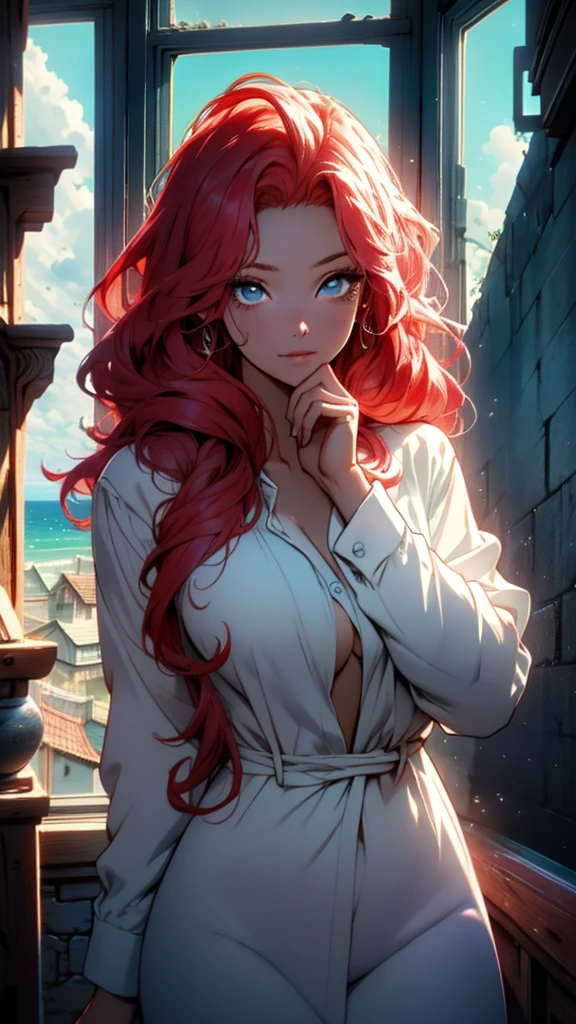 long hair, wavy hair, bright red hair, blue eyes, pose imitation, perfec hands, beautiful face, open shirt, big window behind with sea view, sunny day, indoors, huge brea, hent brea, breath,