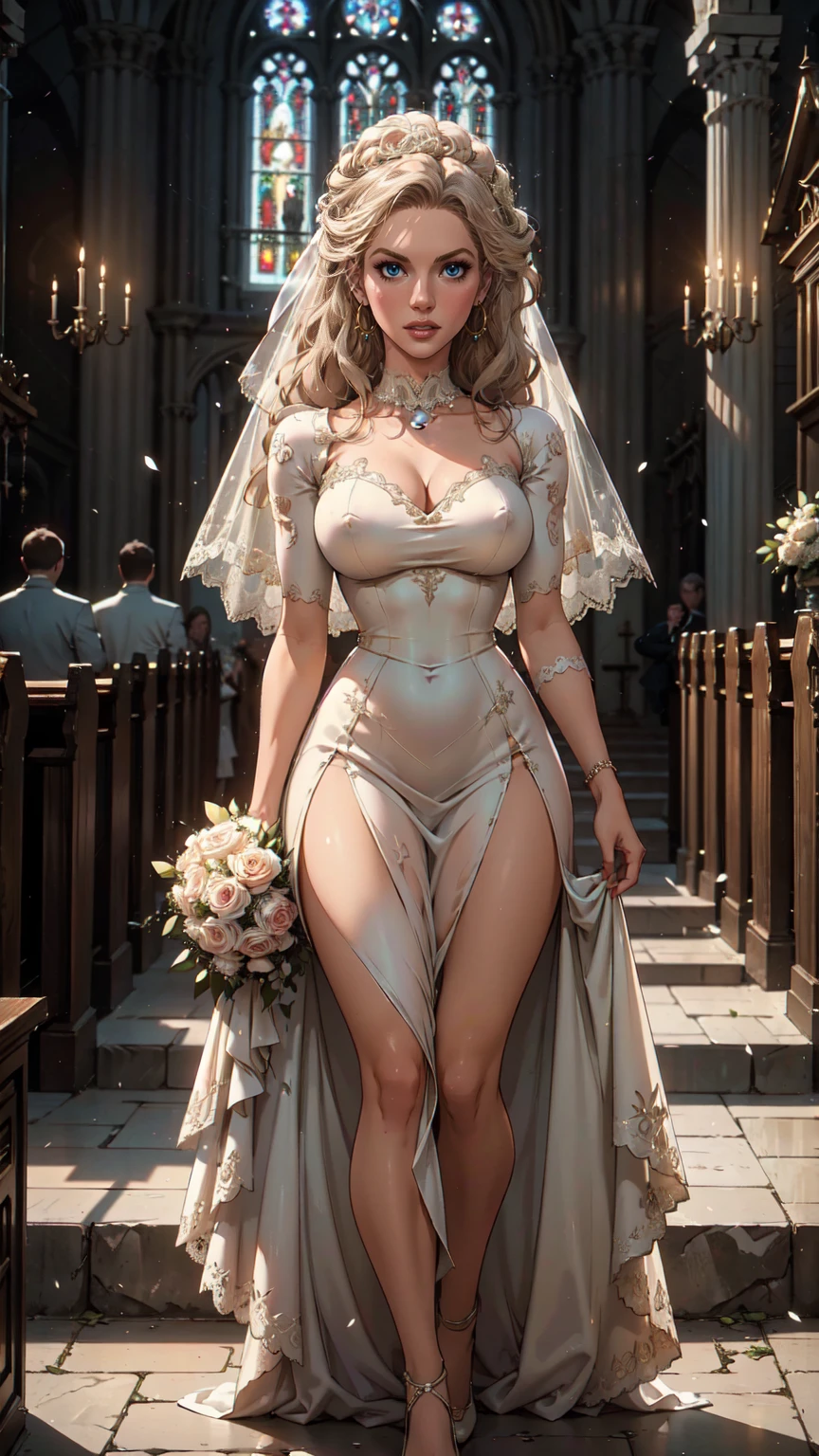 woman in a high front slit wedding dress,wearing see trough dress, inside church, walking down church aisle, surrounded by people, detailed face, elegant, photorealistic, 8k, best quality, highly detailed, intricate, dramatic lighting, cinematic, romantic, soft focus, warm colors, wedding bjd, seethru