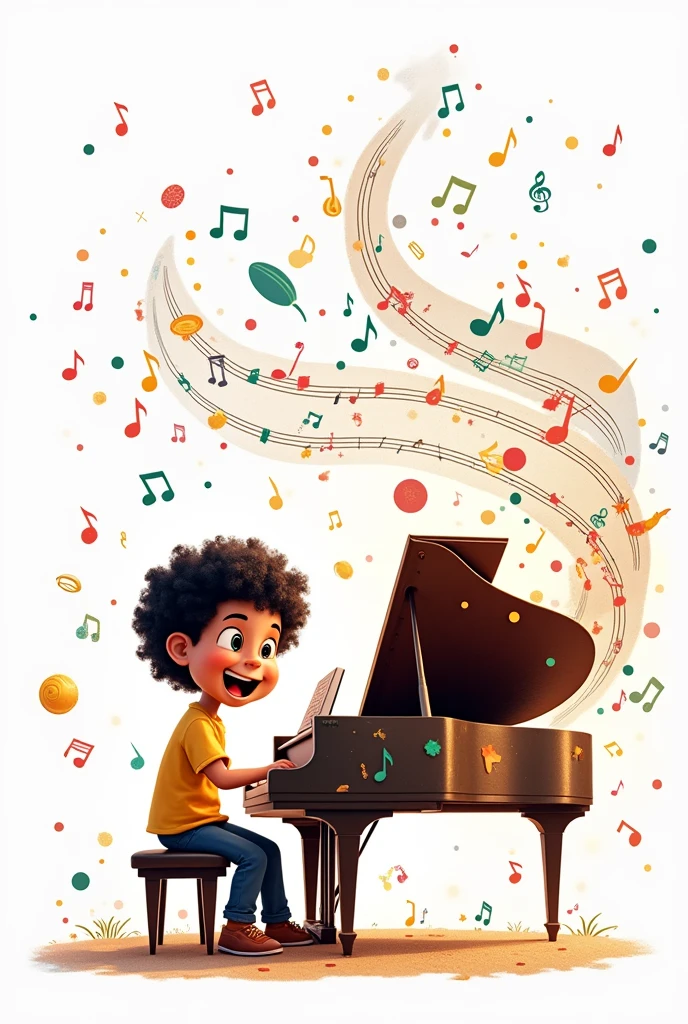 5 year old Venezuelan animated boy with musical instruments piano classical music and musical notes, sheet music staff, musical atmosphere white background