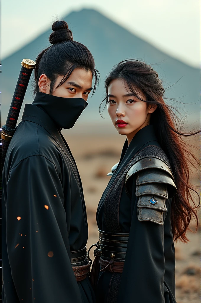 
professional photo, portrait of a handsome 19 year old Korean man with hair in a bun, wearing a sninobi costume complete with , with his mouth covered in a black veil, red eyes on the right side and blue on the left side standing with a sharp gaze, behind his back is a katana sword, standing with a beautiful woman with long, flowing hair, a charming face, luscious red lips, beautiful eyes of the same color, wearing the same costume, complete with an iron-armor visor, her loose hair flying in the gentle breeze, the beautiful woman smiled sincerely with one hand. holding the man's shoulder, the background is a barren field with a high hill behind them, the picture is very realistic, with the effects of sparks and wind and flying dust, the picture has a slight 3-dimensional touch, very interesting, extraordinary picture, cinematic , photographic