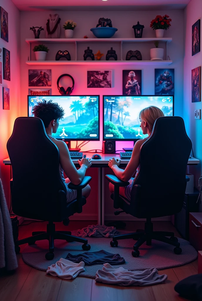 Scenario: A gamer&#39;s room with three monitors, a powerful PC, and several gaming chairs. The environment should feel relaxed and a little messy., with several pairs of underwear scattered across the floor and some even on top of chairs.Personagens: Two friends, one with black hair and the other with dark blonde hair. They are focused on playing on their monitors, with expressions of enthusiasm or concentration.detaileds: Friends should be in comfortable gaming chairs and the room can have gamer decor., like game posters and maybe some game related accessories. The scattered underwear must be visible, creating a contrast with the game environment, the two friends are wearing only a t-shirt with nothing from the waist down