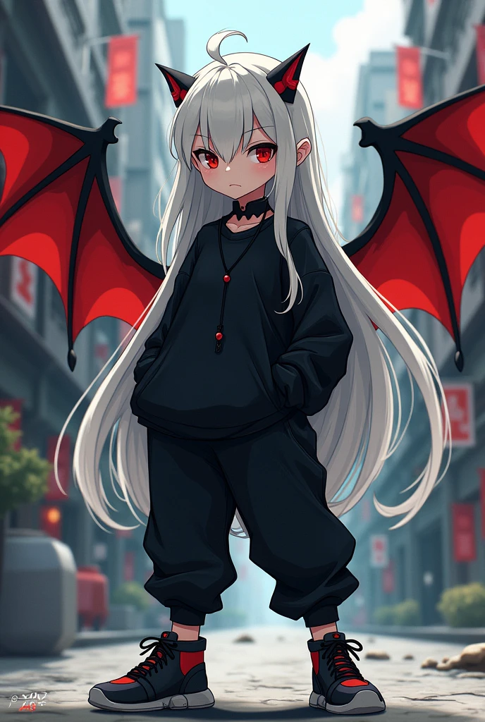 Kizuro is a young boy with a thin and slender body., 1,75 tall, Eyes red, pale skin, long white hair that reaches more than halfway down her back, with strands on each side of the head, with a fringe that covers one of his eyes, more precisely, the left eye. He wears a black long-sleeved, collared shirt., black sweatshirt on top, slightly loose black pants that go all the way down, but they don&#39;t go beyond black sneakers with dark gray soles. Kizuro has black bat wings with red interior on the back and an extremely feminine face.. Arte em estilo Friday Night Funkin'