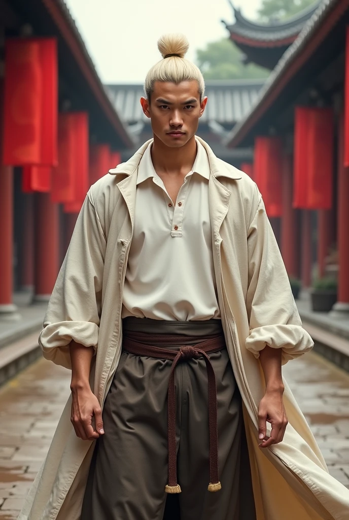 Cao Cao,blond with military cut, of black eyes,with a white polo button-down shirt and a very loose coat on top