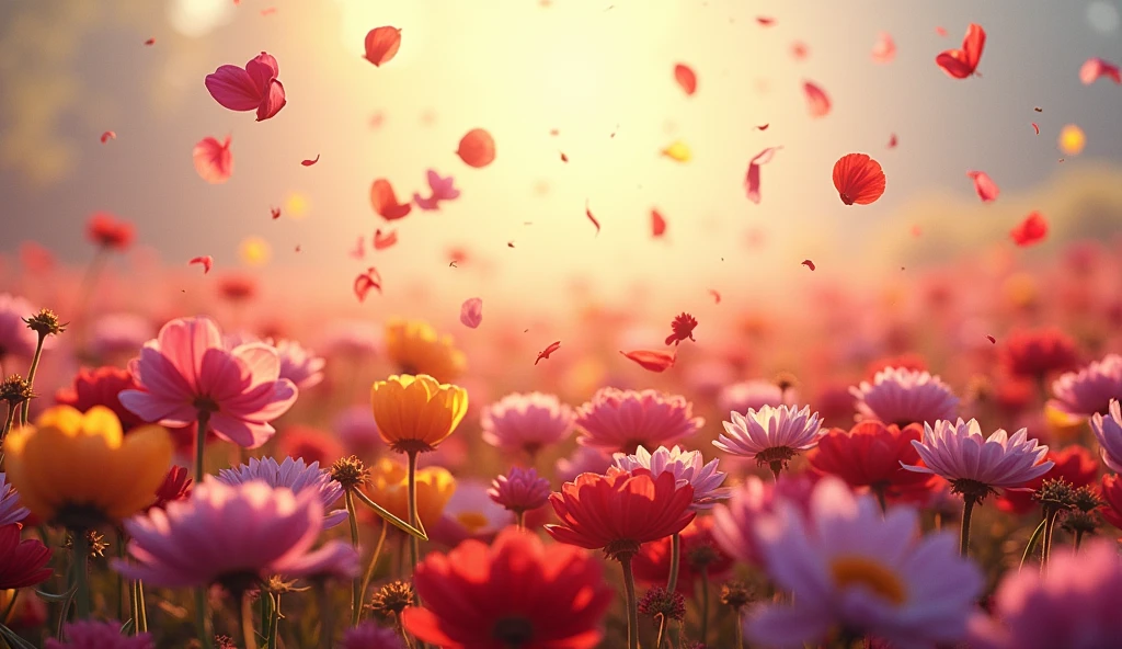 sea of flowers, sea of love, petals are flying, overflowing with flowers, flowers soaring in the air