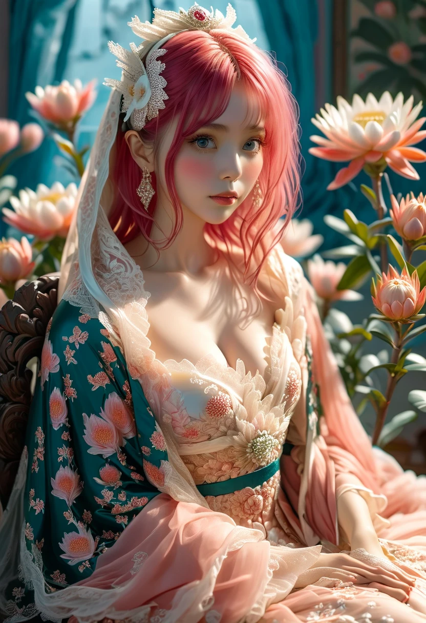 best quality,masterpiece,Ultra-high resolution,(photoactual:4：0),emperor bush,A Protea Goddess,Pink long hair shawl,Big breasts,thin waist,Wearing an imperial lace skirt,Sitting on the flower