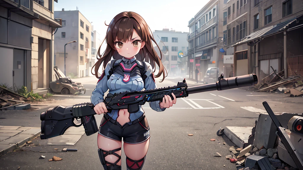 (Surrealism), (ULTRA real:1.5), (masterpiece:1.5), (real), Super detail, details altos, high quality, Best Quality, High resolution, 1080P, HDD, (posing in a ruined city), (zombie attack), (blurred landscape), (blurred background), (Weapons:1.2), Best Quality, masterpiece, (detail:1.4),casco military tactico, shows the navel, tenure, arma tenure arma, military, heavy rifle, light machine gun, cargo vest, using tactical equipment, tactical girl, Shorts, beautiful slim body, long brown hair, Brown eyes, uniforme military azul, D.and (overwatch), thigh high socks, medium chest, Dynamic pose, aiming gun, open fire, zombies attacking
