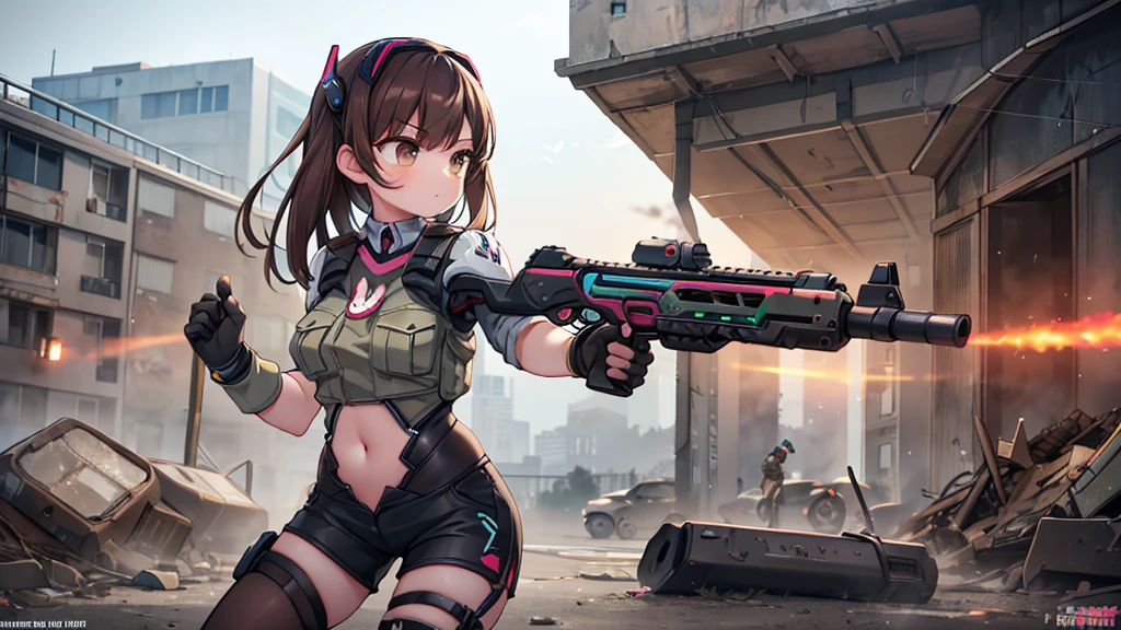 (Surrealism), (ULTRA real:1.5), (masterpiece:1.5), (real), Super detail, details altos, high quality, Best Quality, High resolution, 1080P, HDD, (posing in a ruined city), (zombie attack), (blurred landscape), (blurred background), (Weapons:1.2), Best Quality, masterpiece, (detail:1.4),casco military tactico, shows the navel, tenure, arma tenure arma, military, heavy rifle, light machine gun, cargo vest, using tactical equipment, tactical girl, Shorts, beautiful slim body, long brown hair, Brown eyes, uniforme military azul, D.and (overwatch), thigh high socks, medium chest, Dynamic pose, aiming gun, open fire, zombies attacking