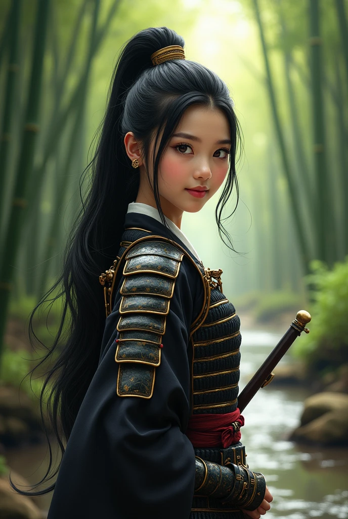 ((masterpiece)), ((Highest quality)), (Portrait of a beautiful girl), Eye for perfect detail, Face with perfect detail, Very elaborate nose,, Perfect Teeth, charm, Perfect Face, Dimples on cheeks, Written boundary depth, High resolution, ((Realistic skin texture)), Wash your body in the shower、Woman wearing Japanese armor, Rin々Profile、Standing woman holding a matchlock gun、Japanese women、Bamboo forest with a stream、Black Hair