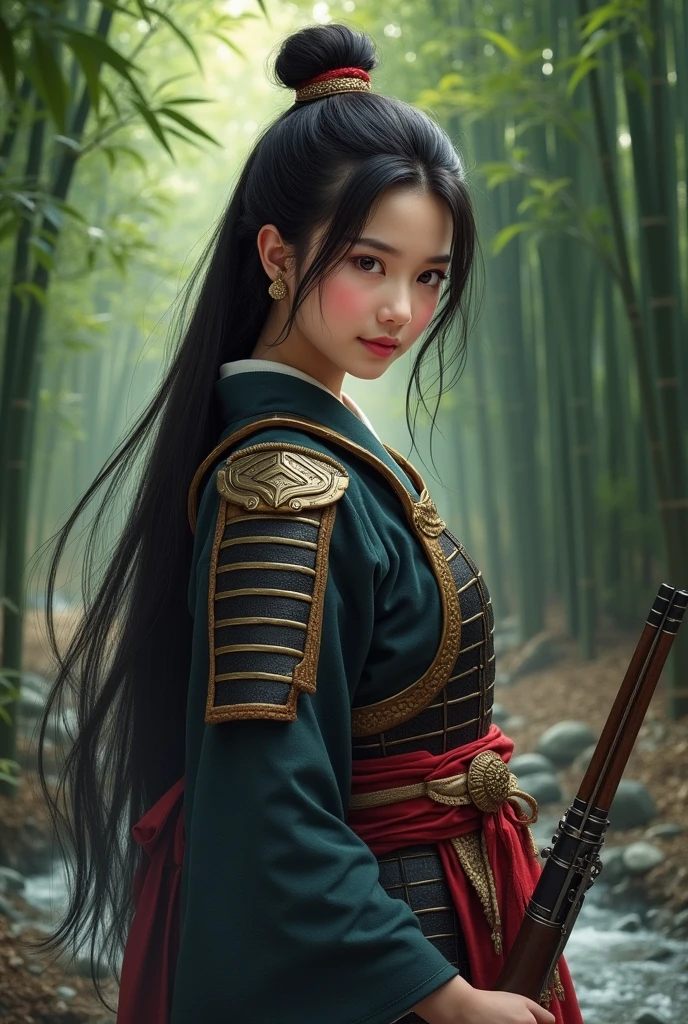 ((masterpiece)), ((Highest quality)), (Portrait of a beautiful girl), Eye for perfect detail, Face with perfect detail, Very elaborate nose,, Perfect Teeth, charm, Perfect Face, Dimples on cheeks, Written boundary depth, High resolution, ((Realistic skin texture)), Wash your body in the shower、Woman wearing Japanese armor, Rin々Profile、Standing woman holding a matchlock gun、Japanese women、Bamboo forest with a stream、Black Hair