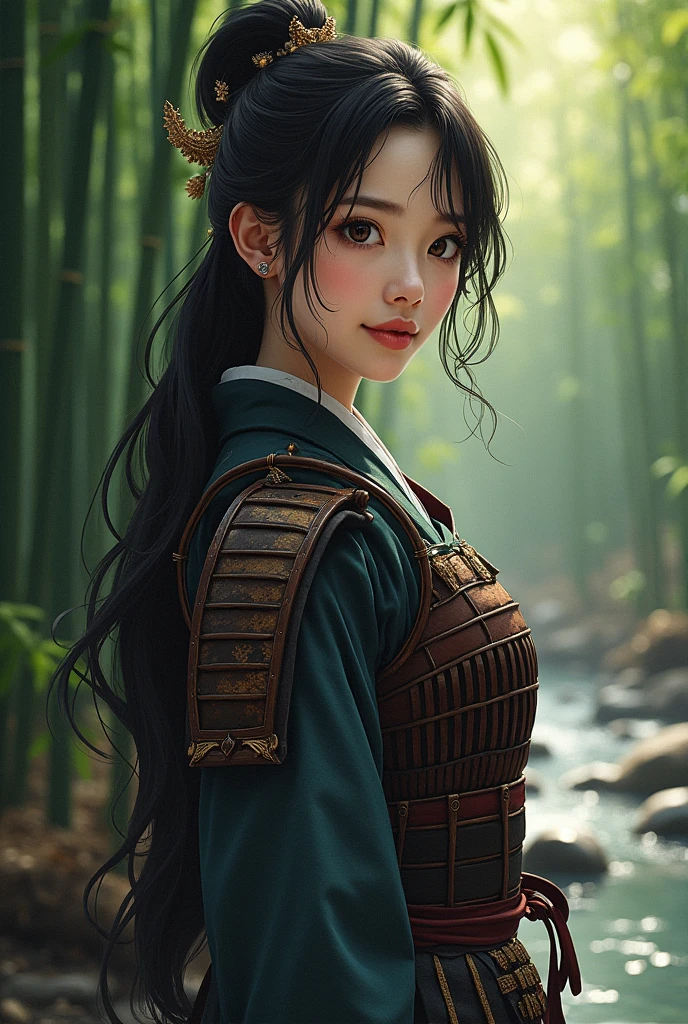 ((masterpiece)), ((Highest quality)), (Portrait of a beautiful girl), Eye for perfect detail, Face with perfect detail, Very elaborate nose,, Perfect Teeth, charm, Perfect Face, Dimples on cheeks, Written boundary depth, High resolution, ((Realistic skin texture)), Wash your body in the shower、Woman wearing Japanese armor, Rin々Profile、Standing woman holding a matchlock gun、Japanese women、Bamboo forest with a stream、Black Hair