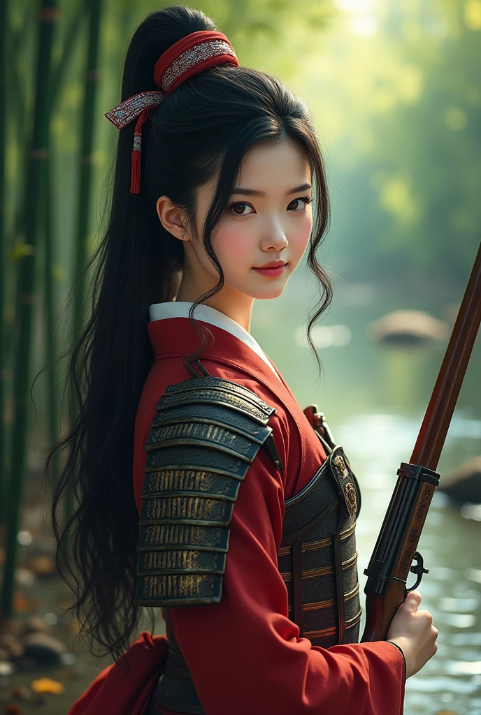 ((masterpiece)), ((Highest quality)), (Portrait of a beautiful girl), Eye for perfect detail, Face with perfect detail, Very elaborate nose,, Perfect Teeth, charm, Perfect Face, Dimples on cheeks, Written boundary depth, High resolution, ((Realistic skin texture)), Wash your body in the shower、Woman wearing Japanese armor, Rin々Profile、Standing woman holding a matchlock gun、Japanese women、Bamboo forest with a stream、Black Hair