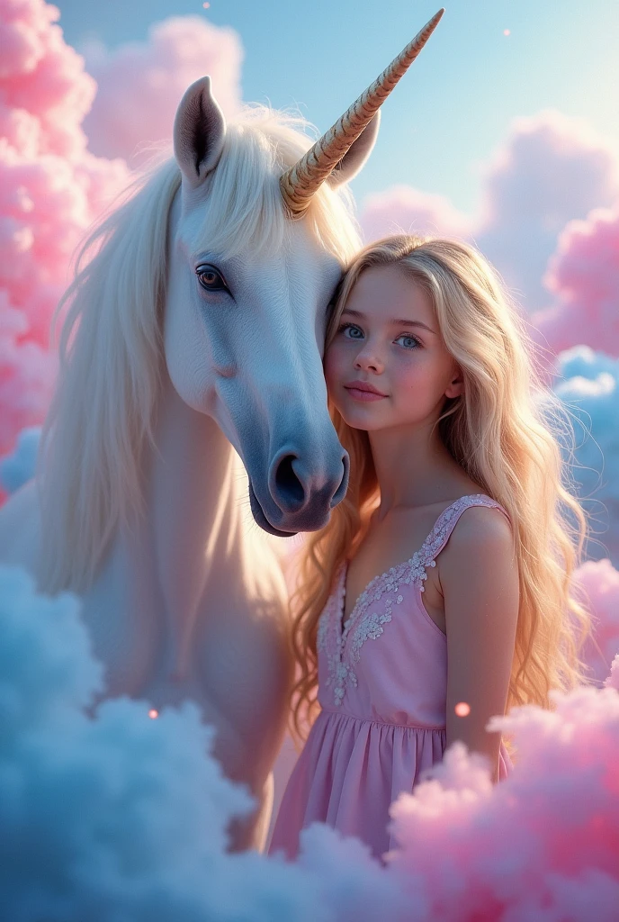 Portrait of a girl with a unicorn. Girl standing next to unicorn, girl is not smiling she has calm face. The girl's face is full-face looking at us.  The girl has long blond wavy lush hair. The background is fabulous pink and blue tones. Flares. The mood is festive.