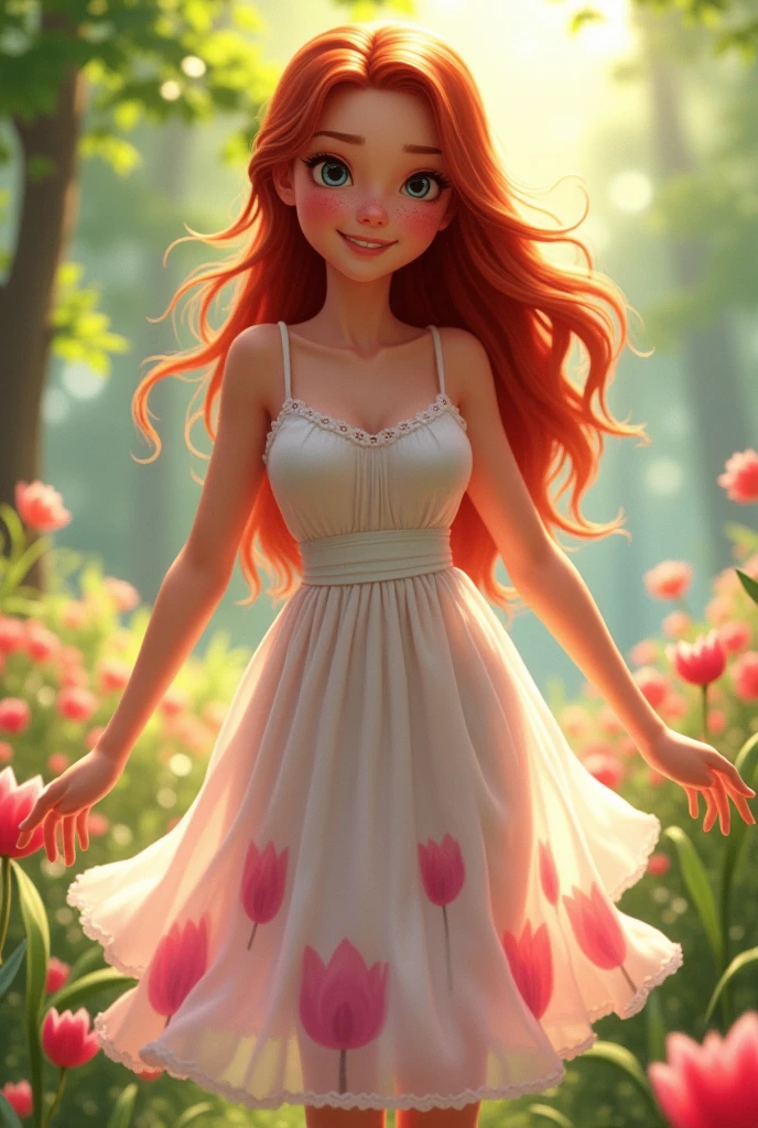 A curvy woman with big hips and small breasts, she is beautiful at 19 years old, with her long red hair and cheeks full of freckles and red.. Dressed in a white dress with pink tulip design.

animation 