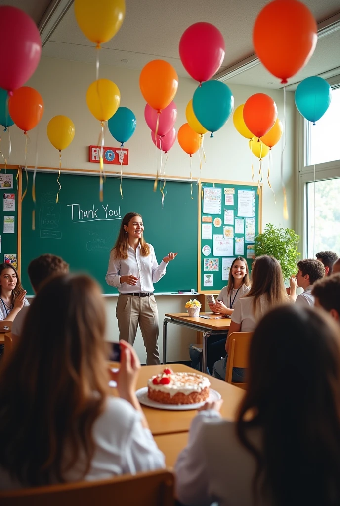 enviroment: "A classroom decorated with balloons and farewell posters, with a blackboard that says &#39;Thank you&#39;!'"
Action: "Smiling students saying goodbye, some with gifts or cards, is professor(a) in the middle, giving a final speech."
detaileds: "Some students taking pictures, a table with a cake or snack, and a window showing a sunny day."
as if it were the last day of school 