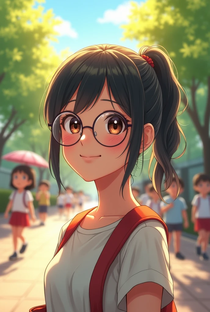 Draw a picture that has the following characteristics:。
・Junior high school student ・Hair style is in a ponytail ・Hair is black and looks brown in the sun ・Wears round glasses ・Her smile is kind