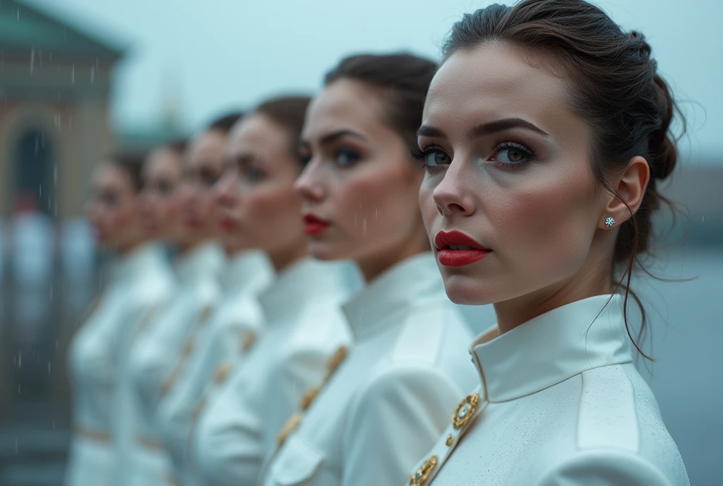 Up close, observe several cold white Russian women in uniforms with beautiful faces. Rainwater flows down their cheeks as they line up in an outdoor parade ground. This photo was taken while it was raining, with cinematic lighting, ultra clear and detailed facial features. Close up shots have photo quality and high resolution. Facial makeup, healthy lip color, no officer hat, no hat