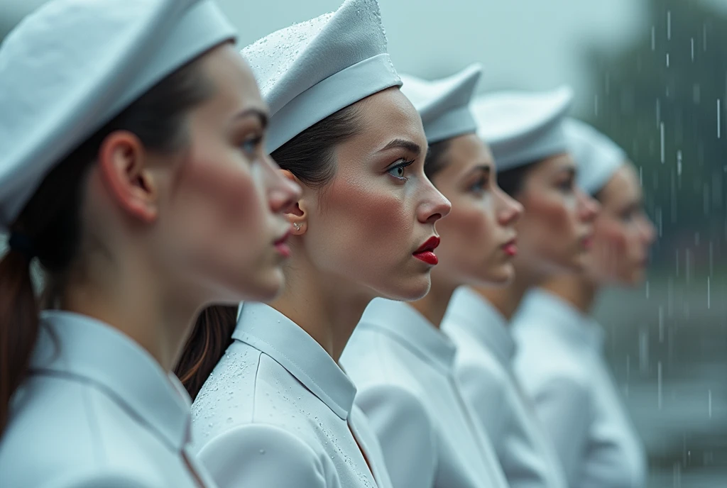 Up close, observe several cold white Russian women in uniforms with beautiful faces. Rainwater flows down their cheeks as they line up in an outdoor parade ground. This photo was taken while it was raining, with cinematic lighting, ultra clear and detailed facial features. Close up shots have photo quality and high resolution. Facial makeup, healthy lip color, no officer hat, no hat