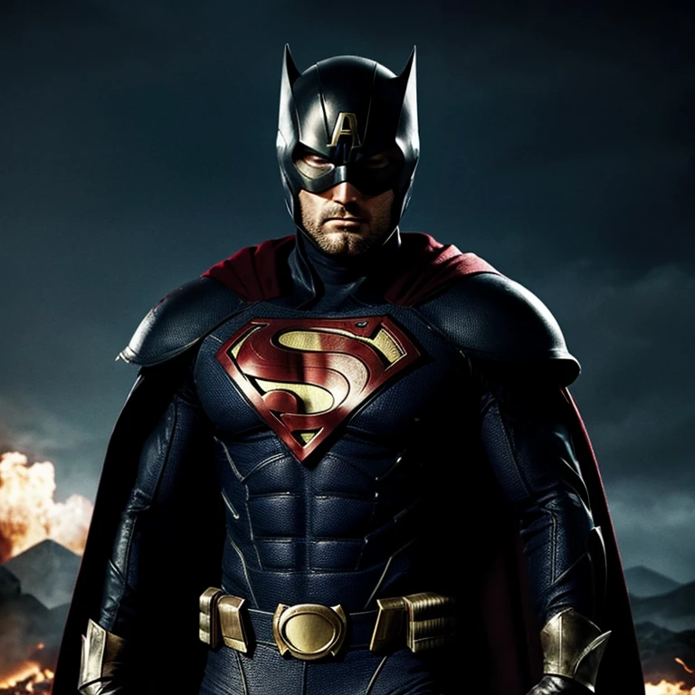 Super hero en armure noir et or dans apocalyptique