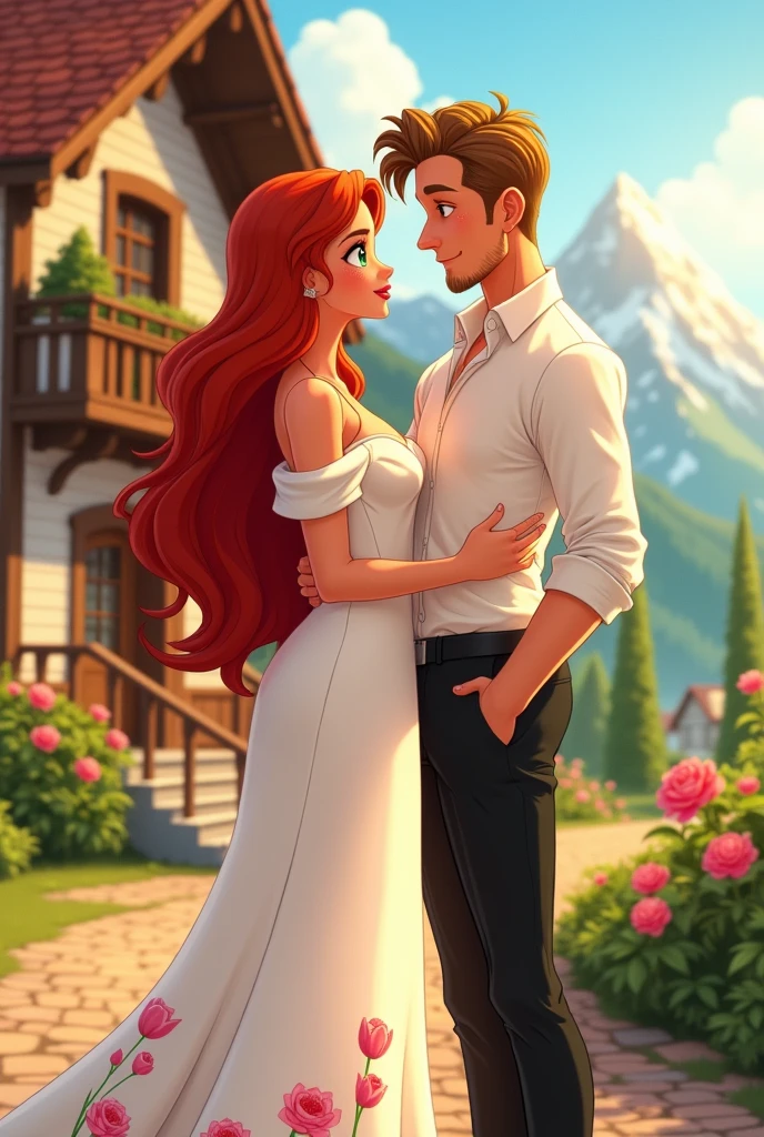 A curvy woman with big hips and small breasts, she is beautiful at 19 years old, with her long red hair and cheeks full of freckles and red.. Dressed in a white dress with pink tulip design.
A handsome man of 38 years old with short, dark blonde hair, Striking green eyes, his sculpted jaw and stubble he is handsome with black dress pants and a white button-down shirt.
They are facing each other and in the background there is a large and beautiful chalet.animated cartoon