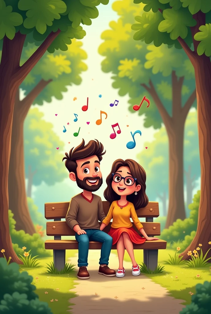 Create a cartoon picture of me and my boyfriend who is cute has beard and me ,I am cute wear specs. We are sitting on the bench of a park listening to music,the park is covered with trees and if possible show the music that we are listening to,the name of the song is 'hey shokha' ,try to insert that somehow in the picture 