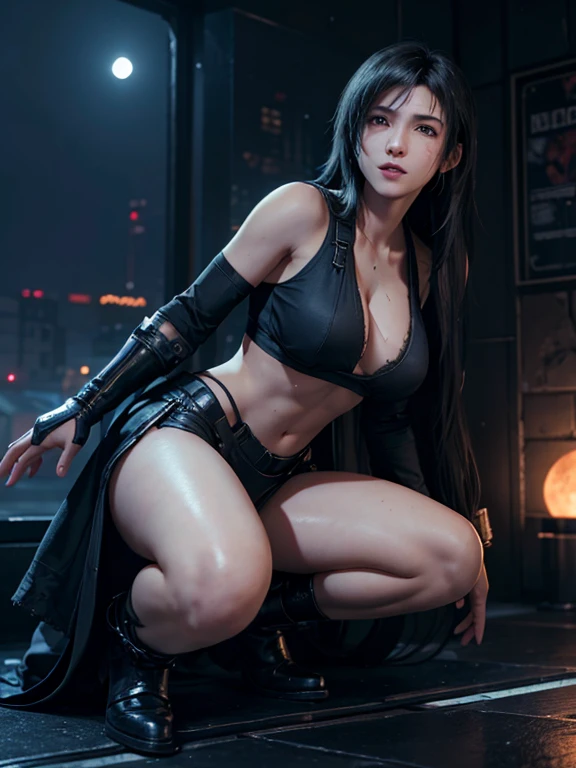  ((Master quality, 8K, masterpiece:1.3, ultra-detailed, high resolution, RAW Photos, detailed , blurry, Actual, hyper realistic, photo, HDR)), BREAK, Anatomically perfect, perfect hands, perfect legs, perfect feet, detailed eyes, BREAK, One person alone, ff7r style, tifa lockhart,, beautiful face, beautiful detailed eyes, (dynamic posing ), long hair, ( Round and Stacked Breasts ), Cleavage, seductive  smile:1.5, Sweat-soaked skin, BREAK, wearing( ), , Graffiti art, BREAK, ( Random Angle, full-body, ), dynamic angle, , background(Realistic , cinematic lighting, depth of field, night , the full moon,, cyberpunk city atmosphere light particles, , )